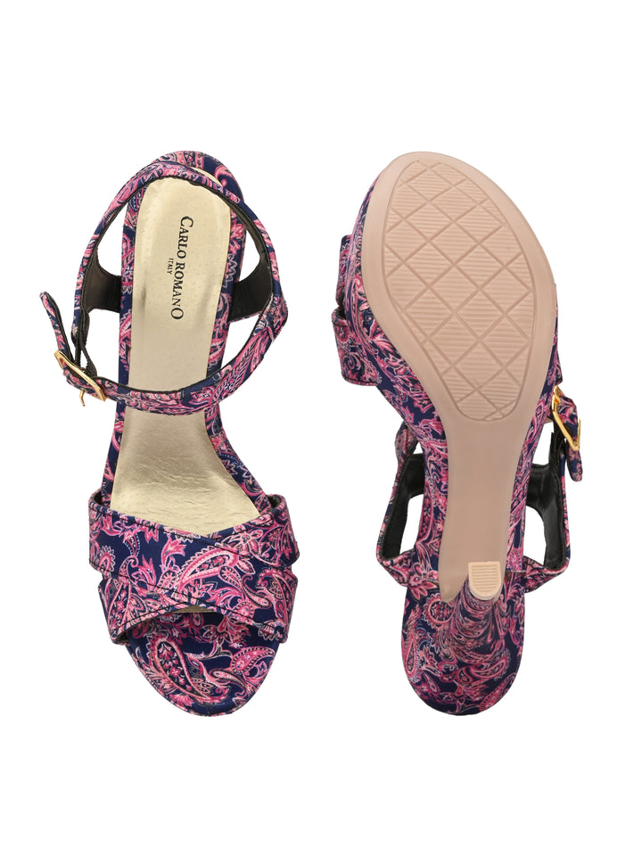 Women's  Vegan Leather Flower Print Stylish High Heel Sandal