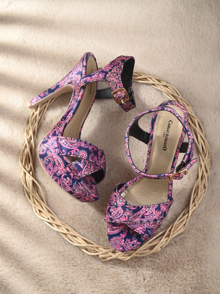 Women's  Vegan Leather Flower Print Stylish High Heel Sandal