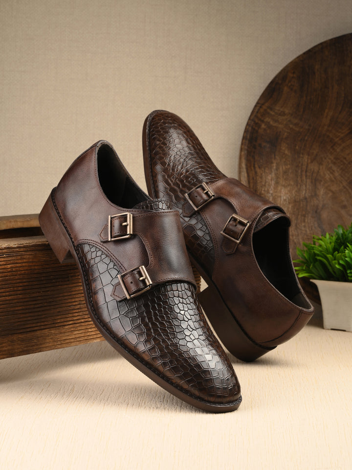 CARLO ROMANO BROWN COLOR PREMIUM RANGE ITALIAN CROCODILE AND PLANE PRINTED LEATHER MONK SHOE FOR MEN