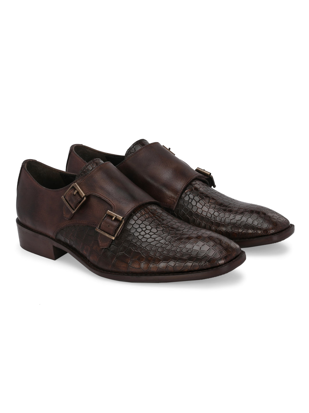 CARLO ROMANO BROWN COLOR PREMIUM RANGE ITALIAN CROCODILE AND PLANE PRINTED LEATHER MONK SHOE FOR MEN