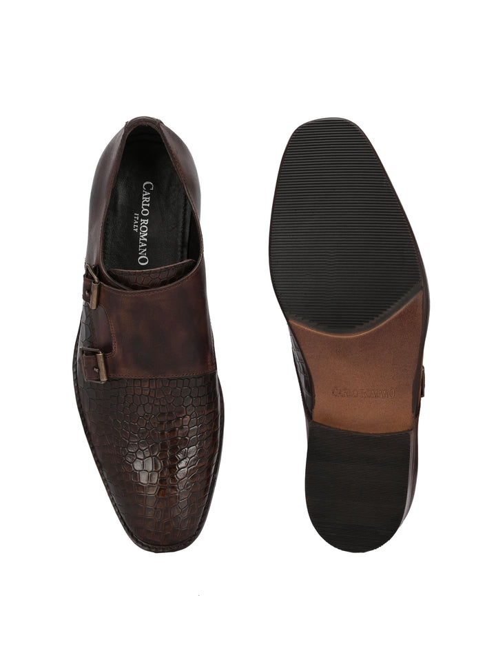 CARLO ROMANO BROWN COLOR PREMIUM RANGE ITALIAN CROCODILE AND PLANE PRINTED LEATHER MONK SHOE FOR MEN