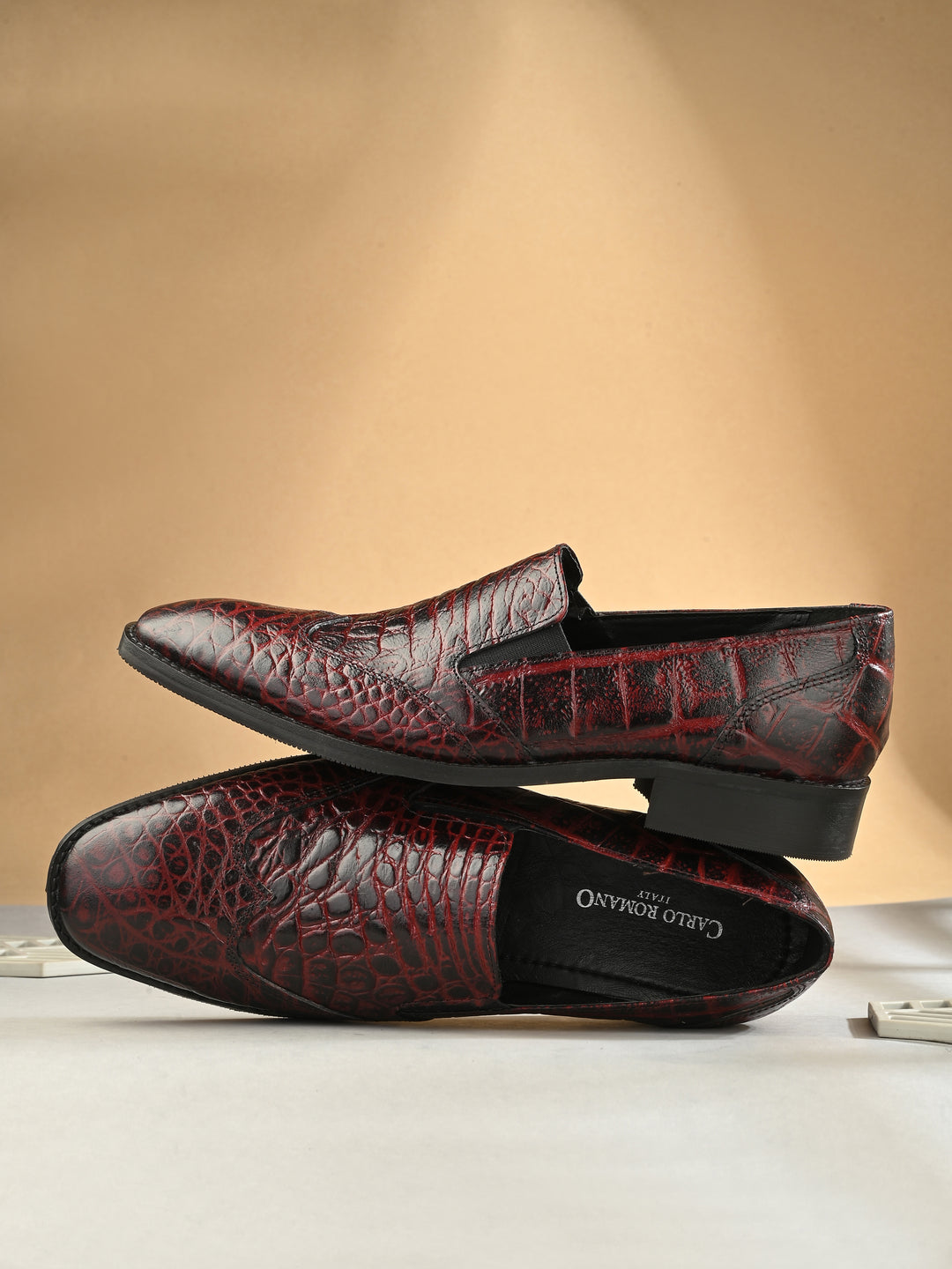 CARLO ROMANO TAN COLOR ITALIAN CROCODILE PRINTED LEATHER MOCCASIN SLIPON SHOE FOR MEN