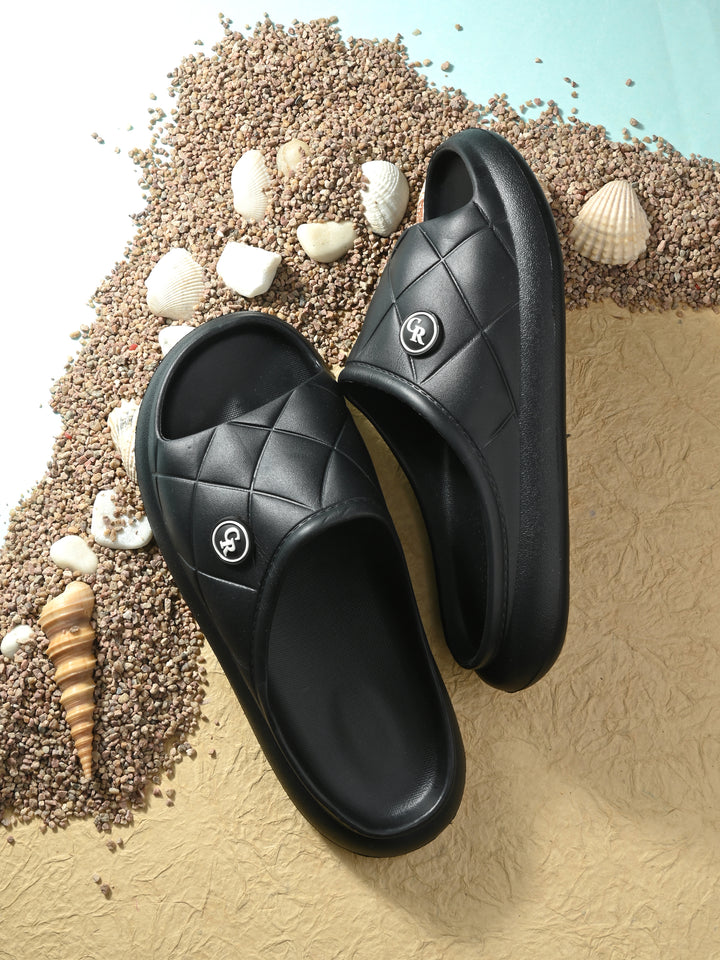 Carlo Romano Black Colour EVA Sliders For Men Trending design Anti-slip sole Sweat free Super flexible Ergonomic and cushioned footed