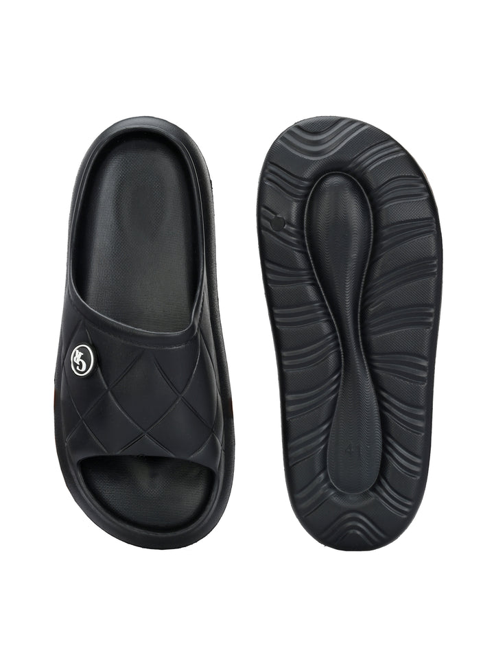 Carlo Romano Black Colour EVA Sliders For Men Trending design Anti-slip sole Sweat free Super flexible Ergonomic and cushioned footed