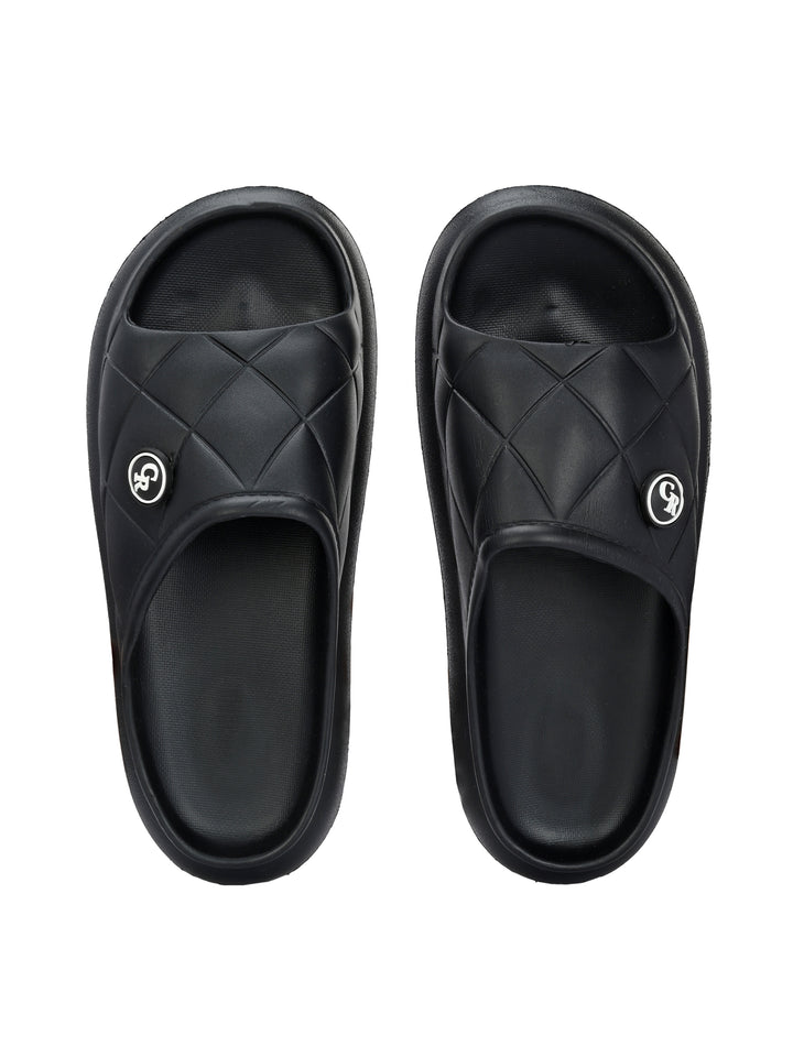 Carlo Romano Black Colour EVA Sliders For Men Trending design Anti-slip sole Sweat free Super flexible Ergonomic and cushioned footed