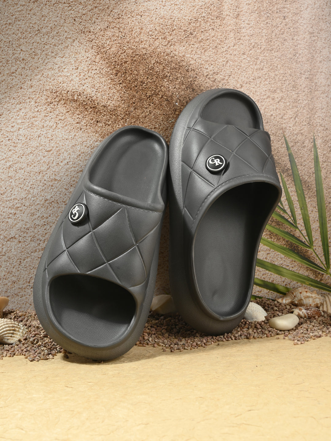 Carlo Romano Grey Colour EVA Sliders For Men Trending design Anti-slip sole Sweat free Super flexible Ergonomic and cushioned footbed