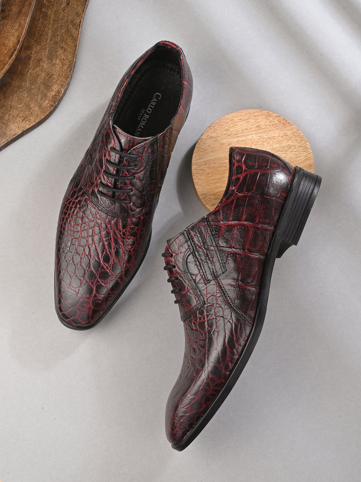 CARLO ROMANO BORDO COLOR PREMIUM ITALIAN RANGE CROCO PRINTED LEATHER DERBY FORMAL SHOE FOR MEN