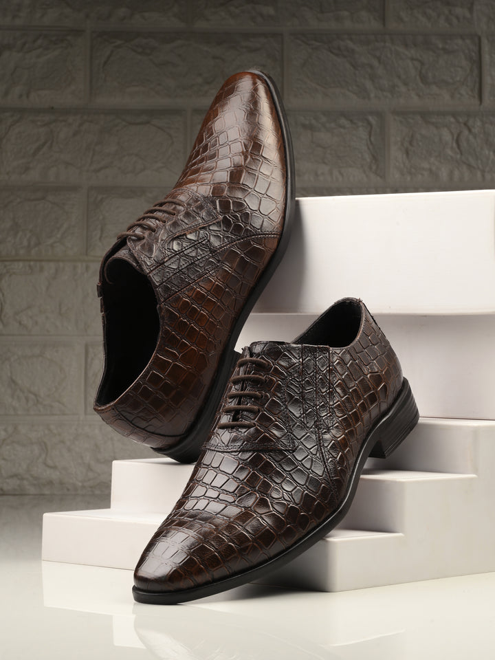 CARLO ROMANO BROWN COLOR PREMIUM RANGE ITALIAN CROCODILE PRINTED LEATHER DERBY FORMAL SHOE FOR MEN