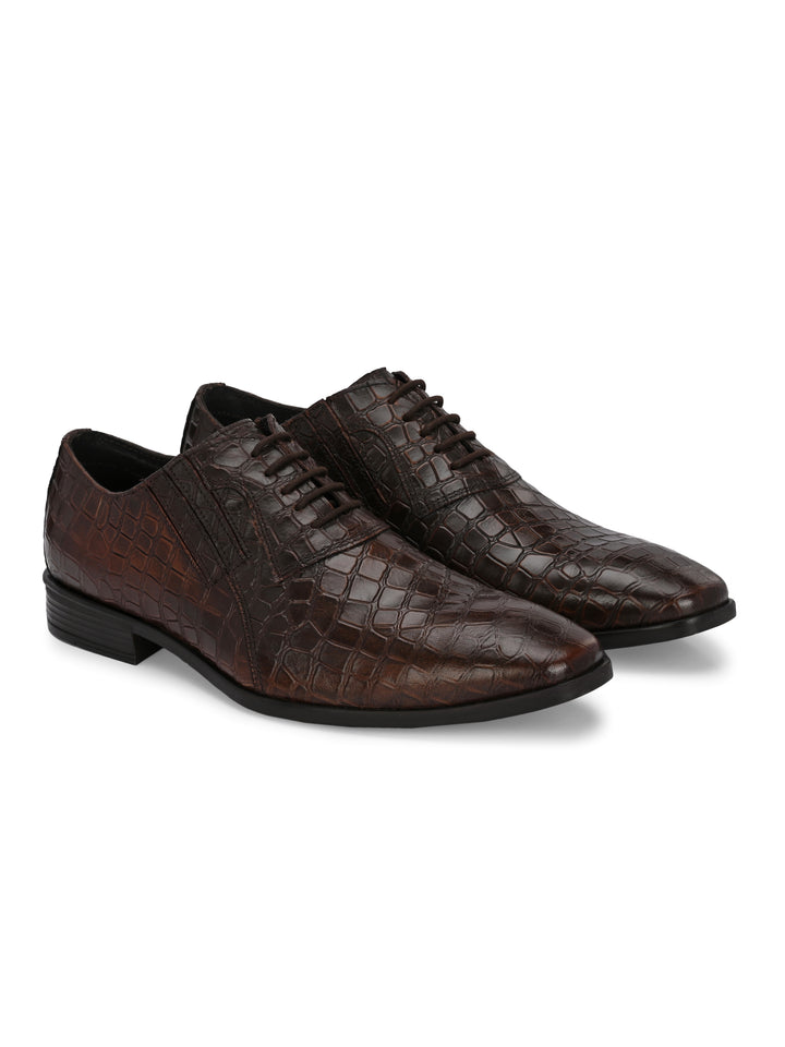 CARLO ROMANO BROWN COLOR PREMIUM RANGE ITALIAN CROCODILE PRINTED LEATHER DERBY FORMAL SHOE FOR MEN