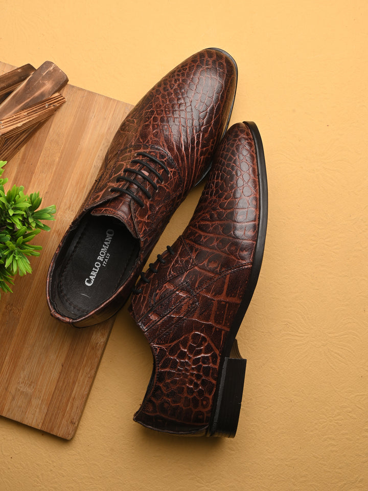 CARLO ROMANO BORDO COLOR PREMIUM ITALIAN RANGE CROCO PRINTED LEATHER DERBY FORMAL SHOE FOR MEN