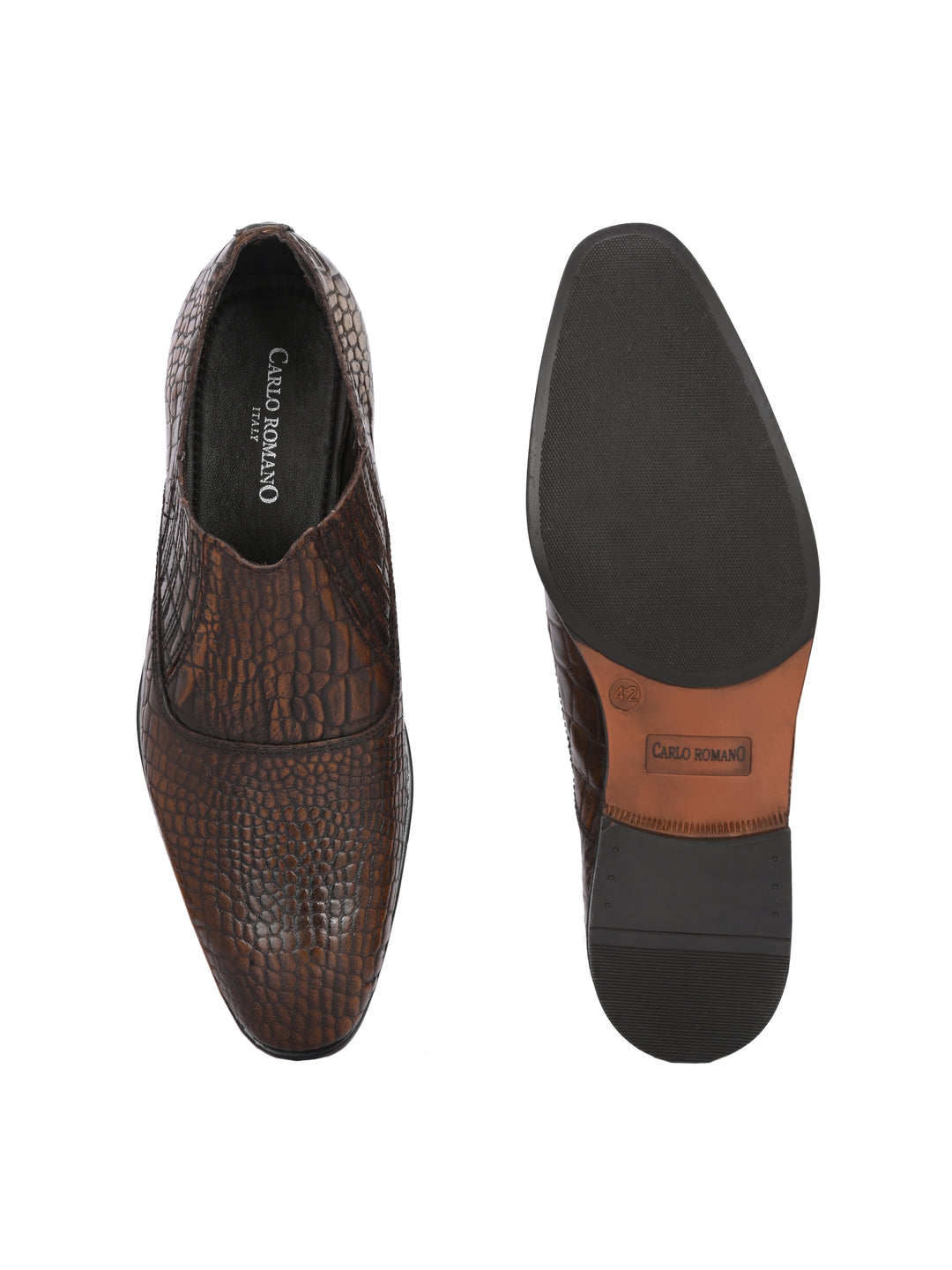 CARLO ROMANO BY WASAN TAN COLOR GENUINE LEATHER CROCO PRINTED MOCCASIN SHOES FOR MEN