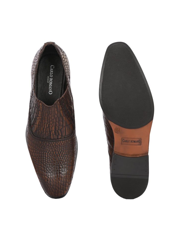 CARLO ROMANO BY WASAN TAN COLOR GENUINE LEATHER CROCO PRINTED MOCCASIN SHOES FOR MEN