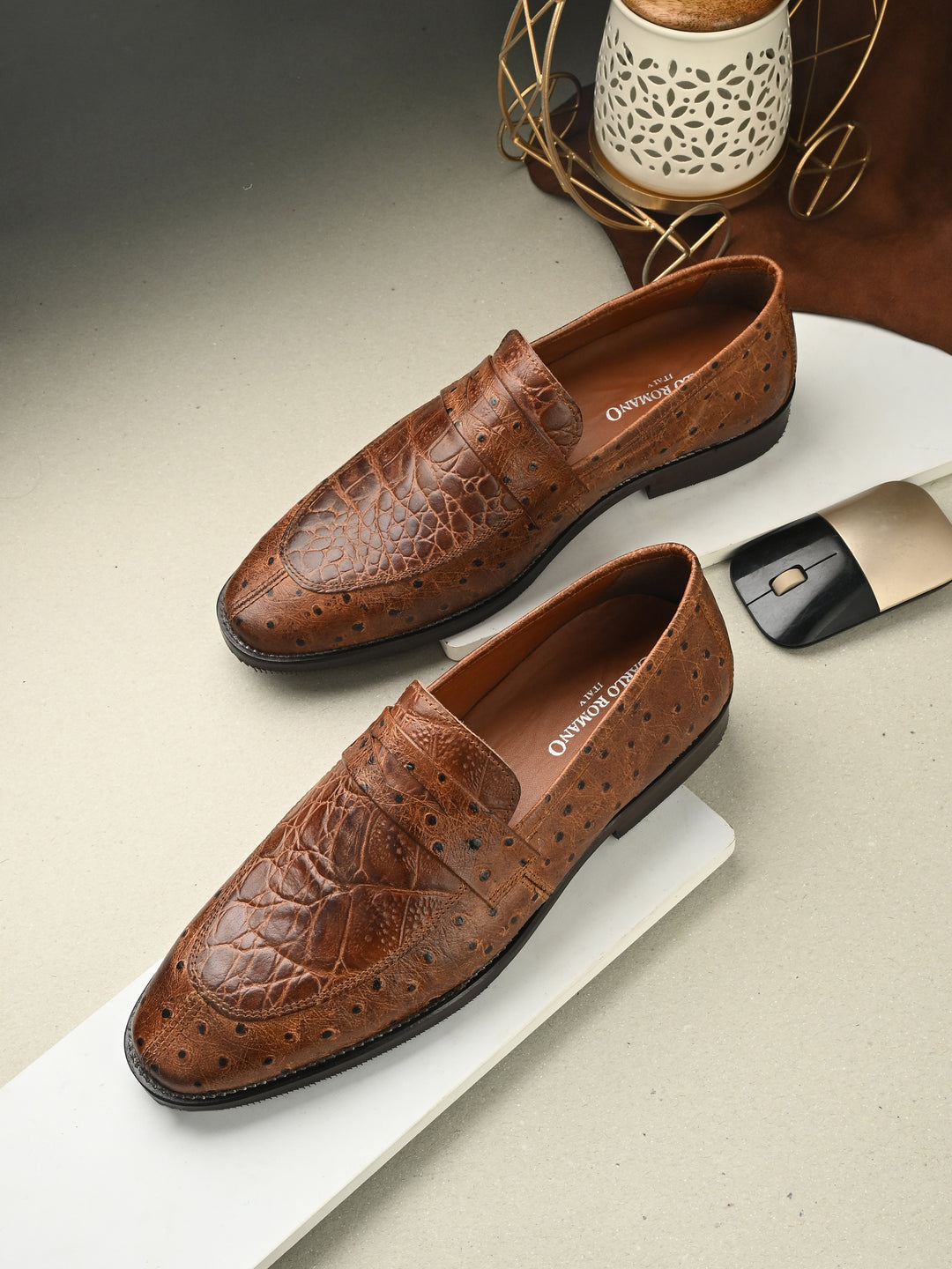 CARLO ROMANO TAN COLOR ITALIAN CROCODILE OSTRICH PRINTED LEATHER MOCCASIN  FOR MEN