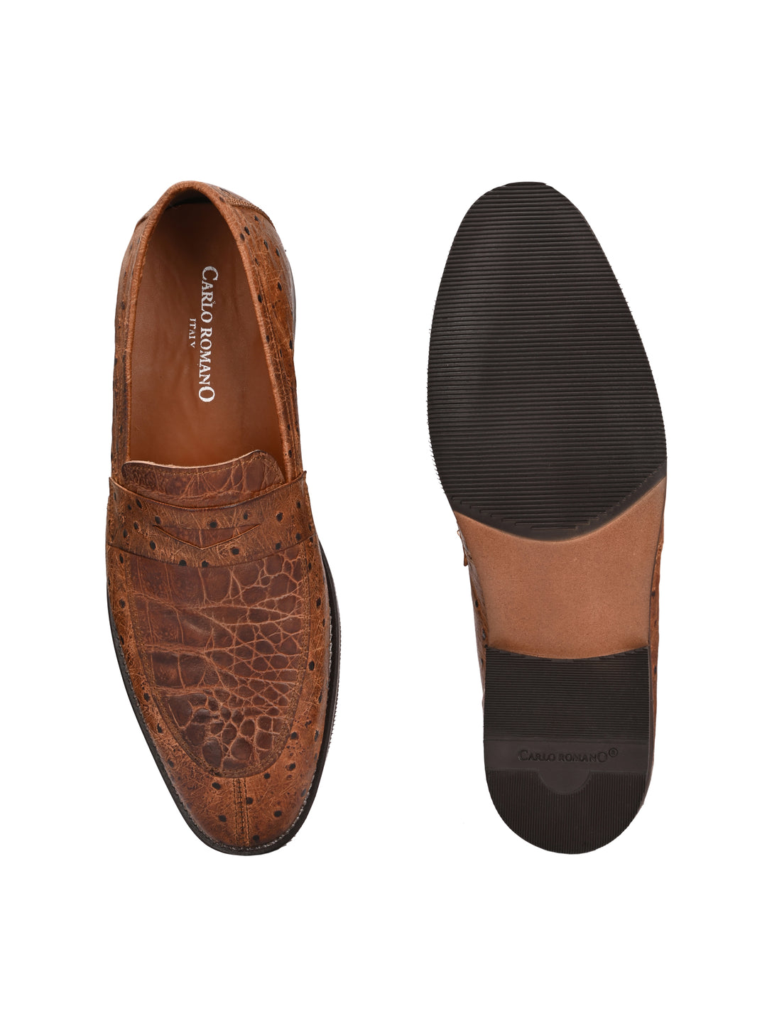 CARLO ROMANO TAN COLOR ITALIAN CROCODILE OSTRICH PRINTED LEATHER MOCCASIN  FOR MEN