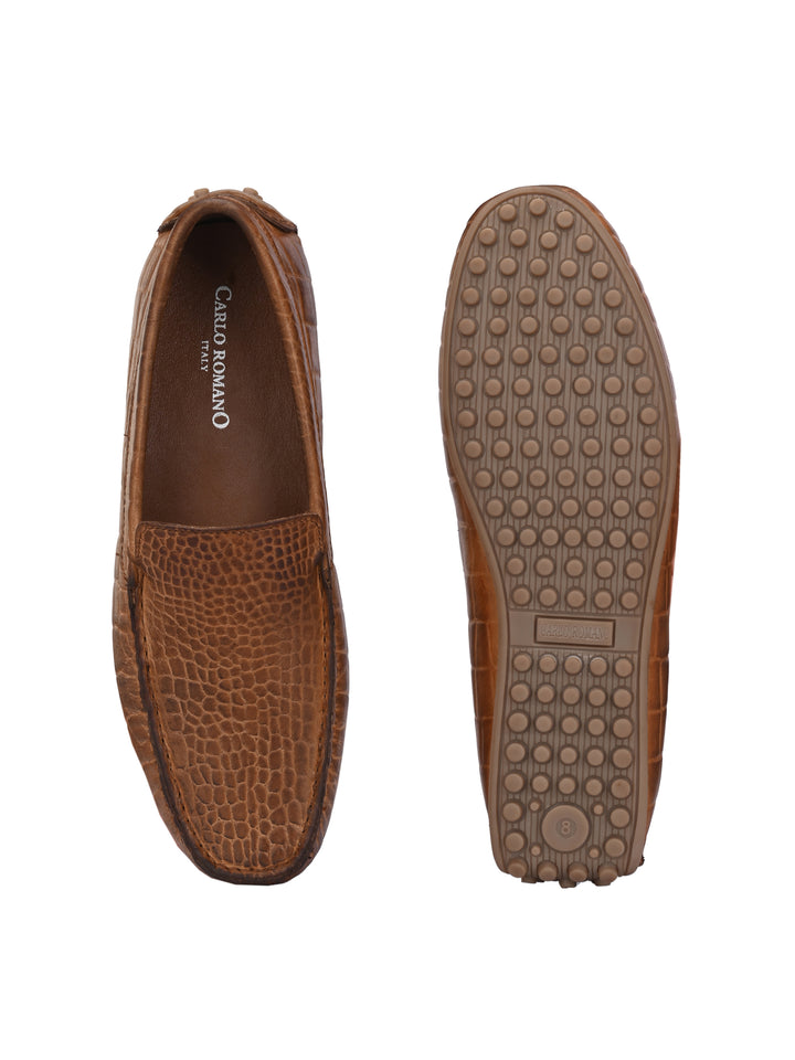 CARLO ROMANO TAN COLOR PREMIUM CROCODILE PRINTED LEATHER MOCCASIN SHOES FOR MEN