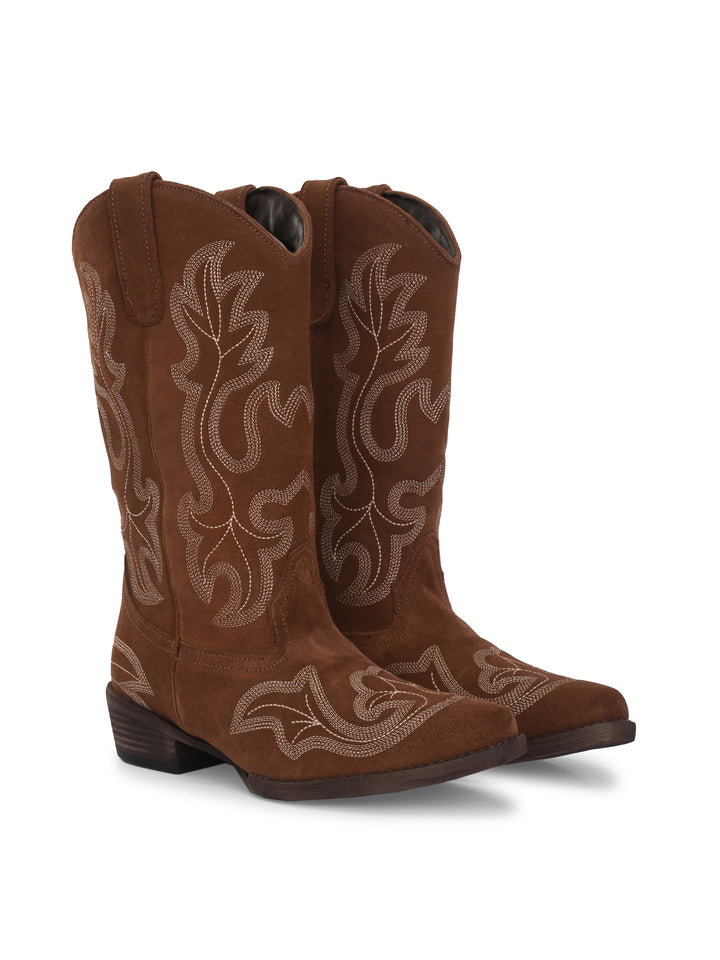 CARLO ROMANO BY WASAN  SUEDE LEATHER EMBROIDERY LONG COW BOOT FOR WOMEN