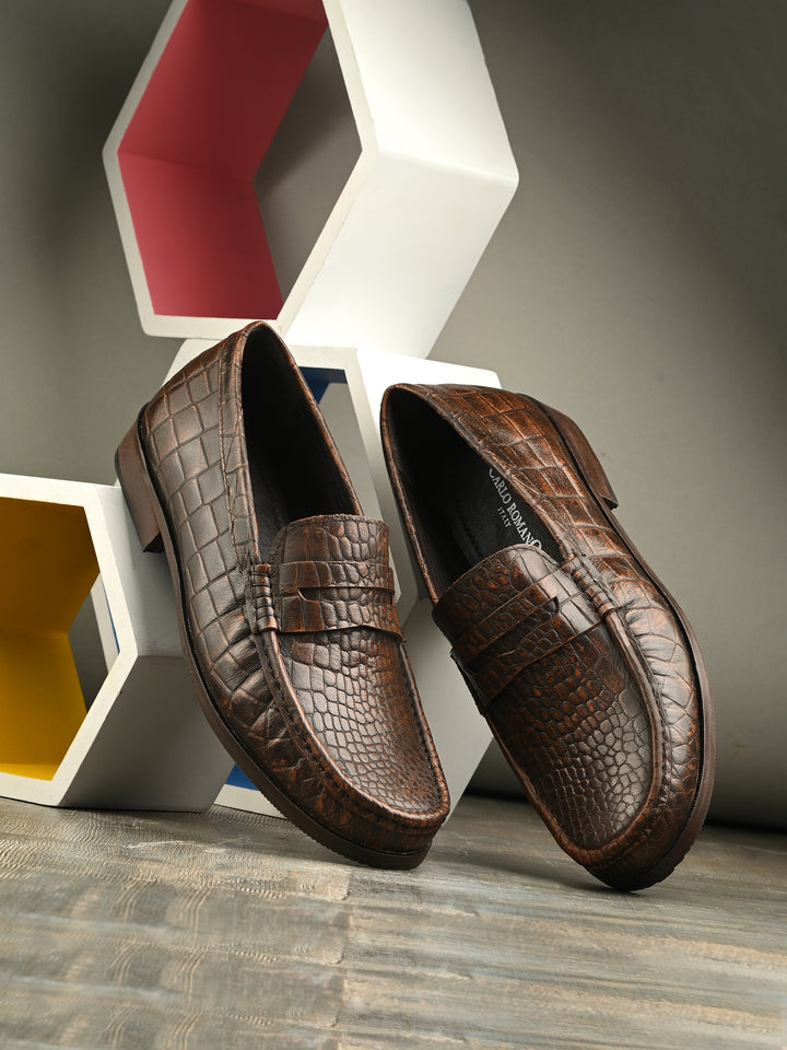 CARLO ROMANO BROWN COLOR CROCODILE PRINTED LEATHER  MOCCASIN SHOES FOR MEN