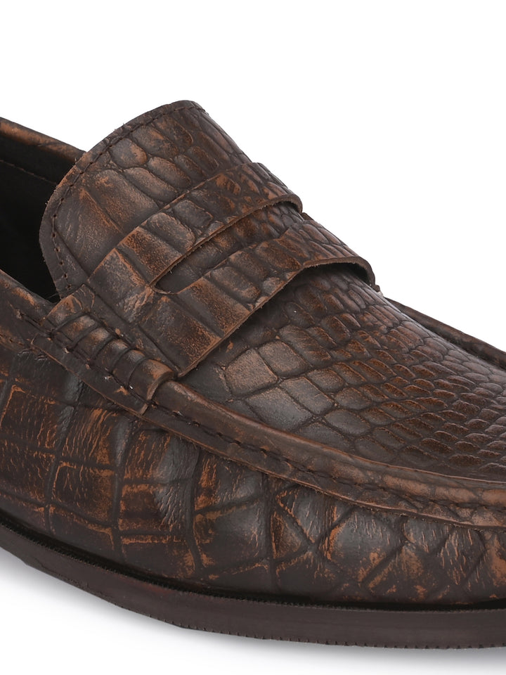 CARLO ROMANO BROWN COLOR CROCODILE PRINTED LEATHER  MOCCASIN SHOES FOR MEN