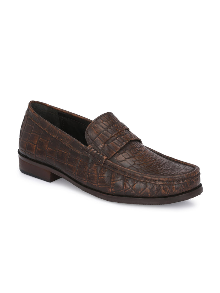 CARLO ROMANO BROWN COLOR CROCODILE PRINTED LEATHER  MOCCASIN SHOES FOR MEN