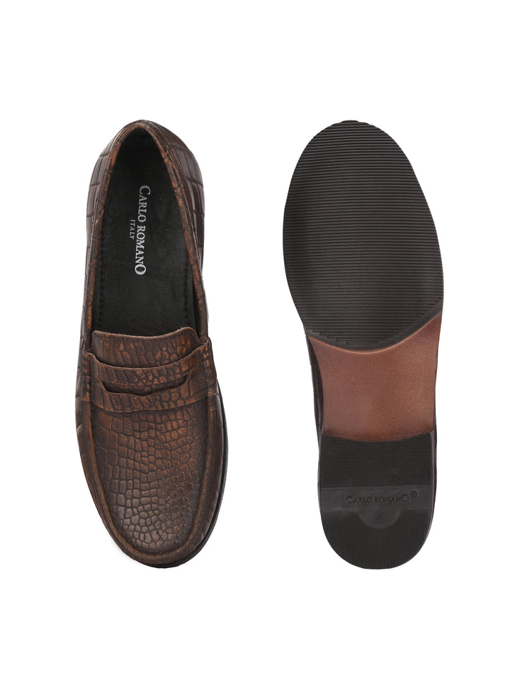 CARLO ROMANO BROWN COLOR CROCODILE PRINTED LEATHER  MOCCASIN SHOES FOR MEN