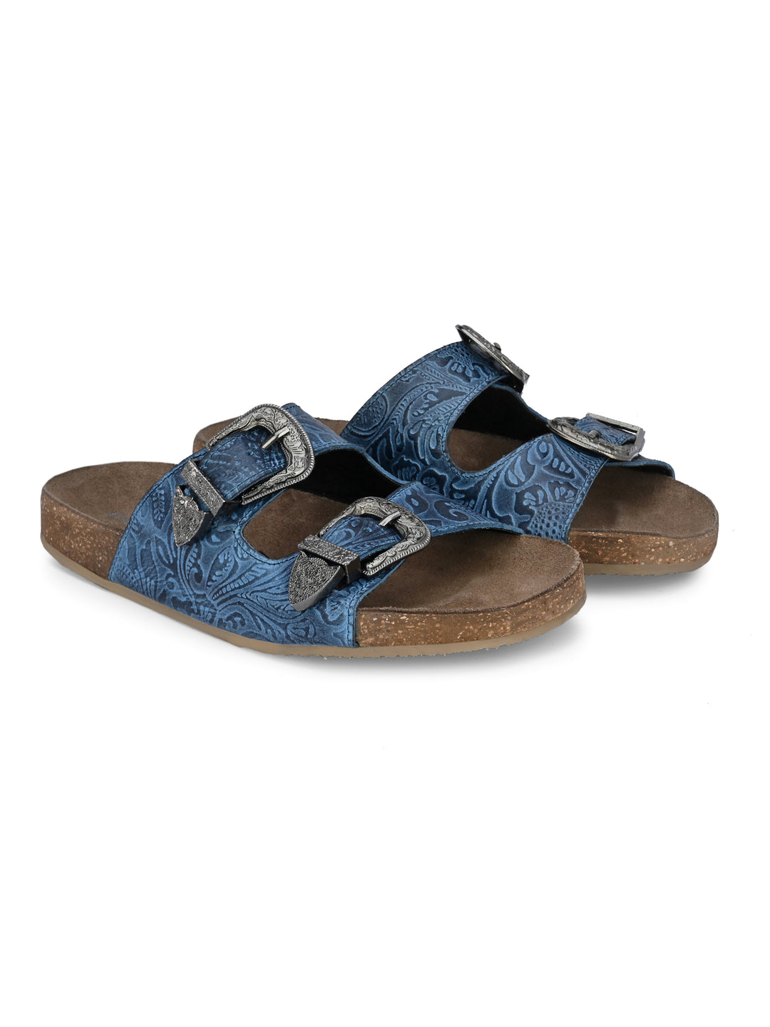 Women's Genuine Flower Print Leather Hand Crafted Tooled Flat Cork Footbed Slipper