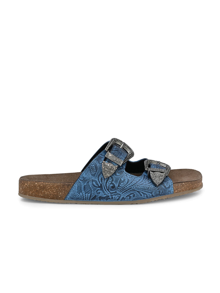 Women's Genuine Flower Print Leather Hand Crafted Tooled Flat Cork Footbed Slipper