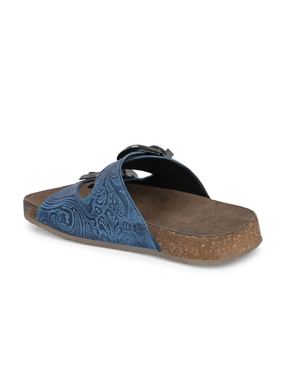 Women's Genuine Flower Print Leather Hand Crafted Tooled Flat Cork Footbed Slipper