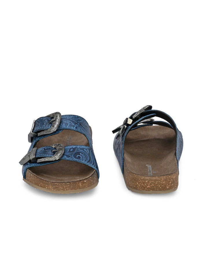 Women's Genuine Flower Print Leather Hand Crafted Tooled Flat Cork Footbed Slipper