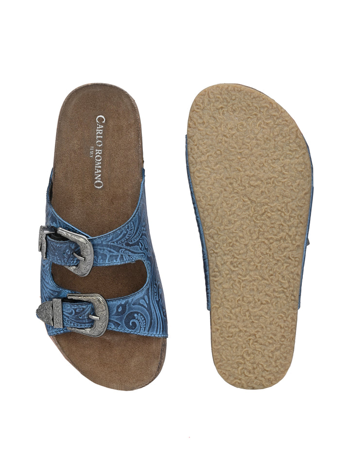 Women's Genuine Flower Print Leather Hand Crafted Tooled Flat Cork Footbed Slipper