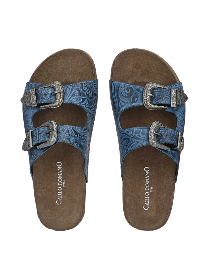 Women's Genuine Flower Print Leather Hand Crafted Tooled Flat Cork Footbed Slipper