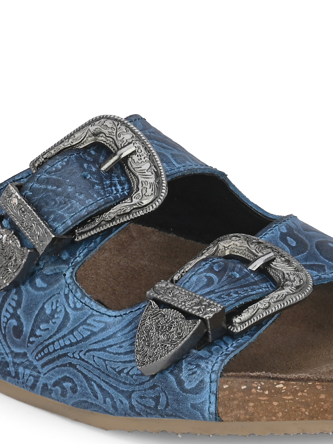 Women's Genuine Flower Print Leather Hand Crafted Tooled Flat Cork Footbed Slipper