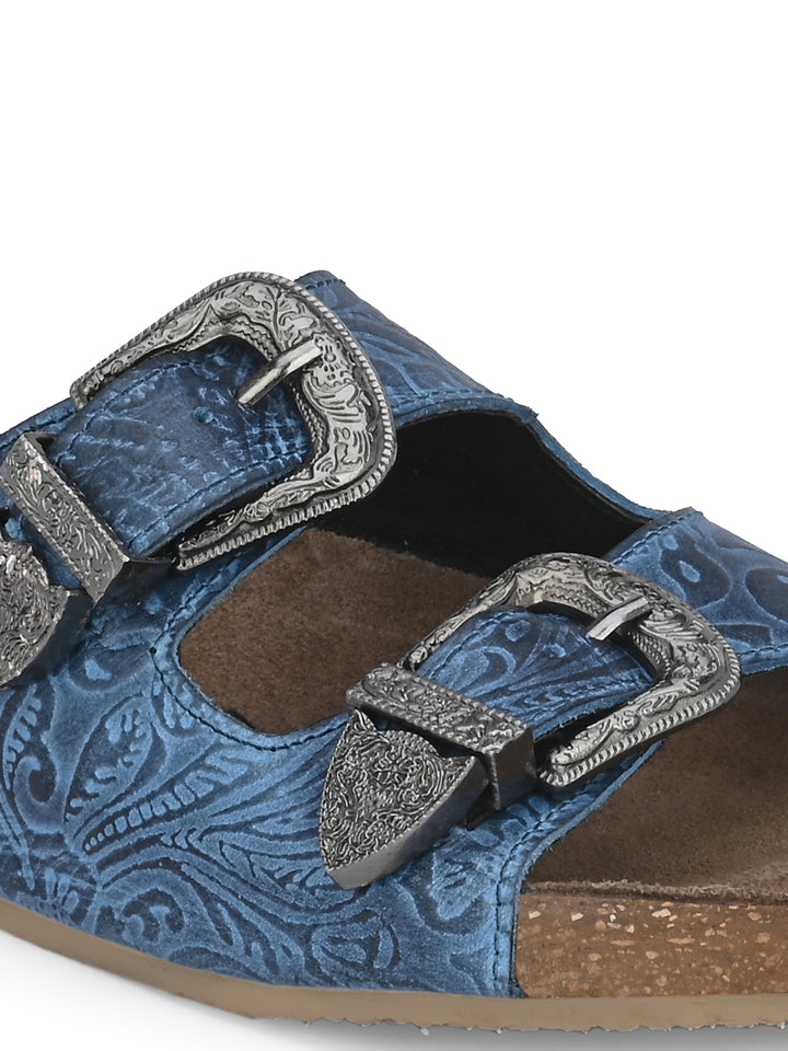 Women's Genuine Flower Print Leather Hand Crafted Tooled Flat Cork Footbed Slipper