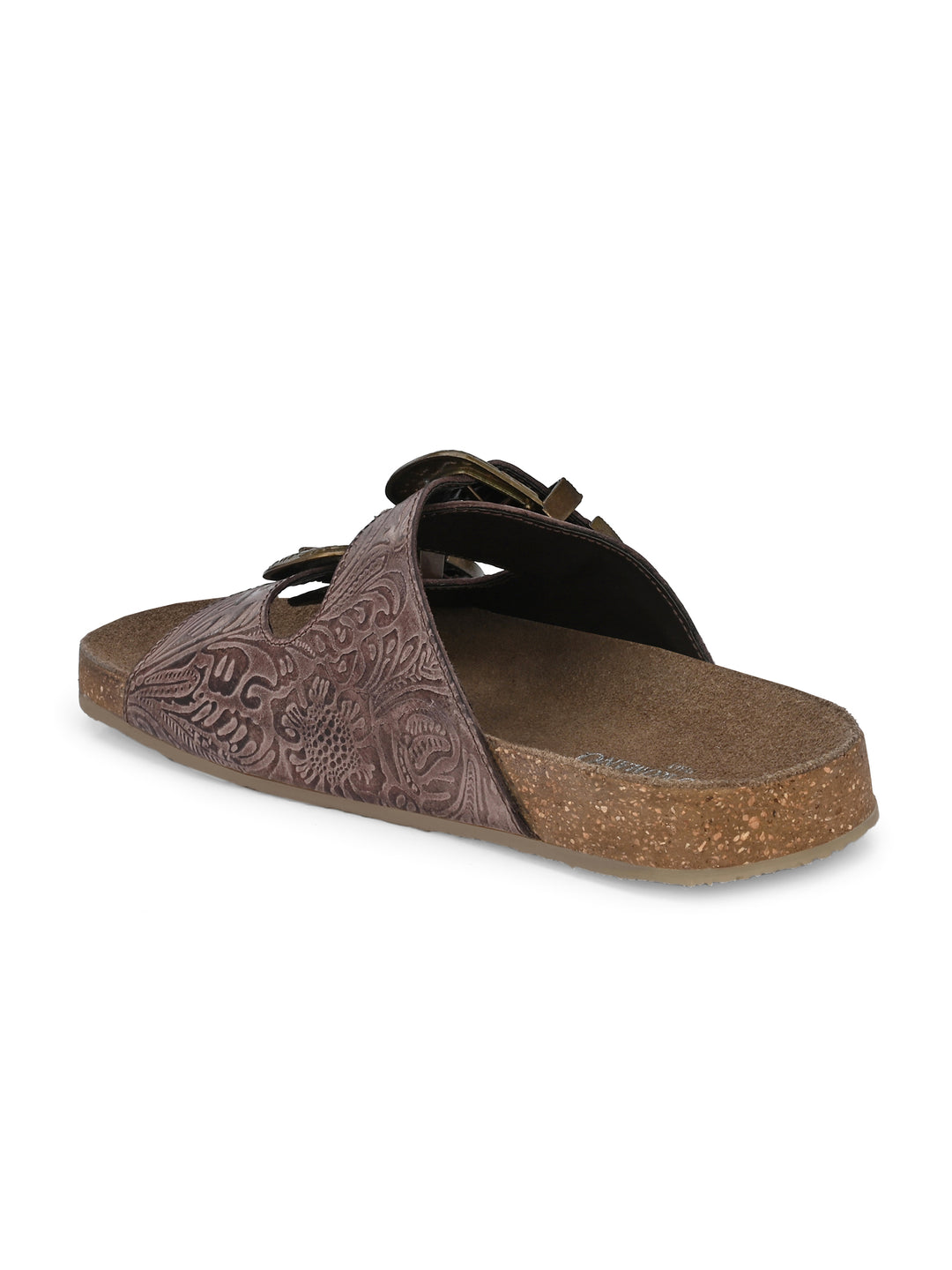 Women's Genuine Flower Print Leather Hand Crafted Tooled Flat Cork Footbed Slipper