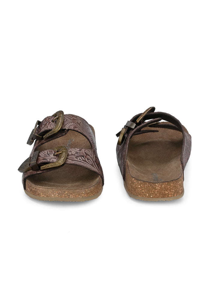 Women's Genuine Flower Print Leather Hand Crafted Tooled Flat Cork Footbed Slipper