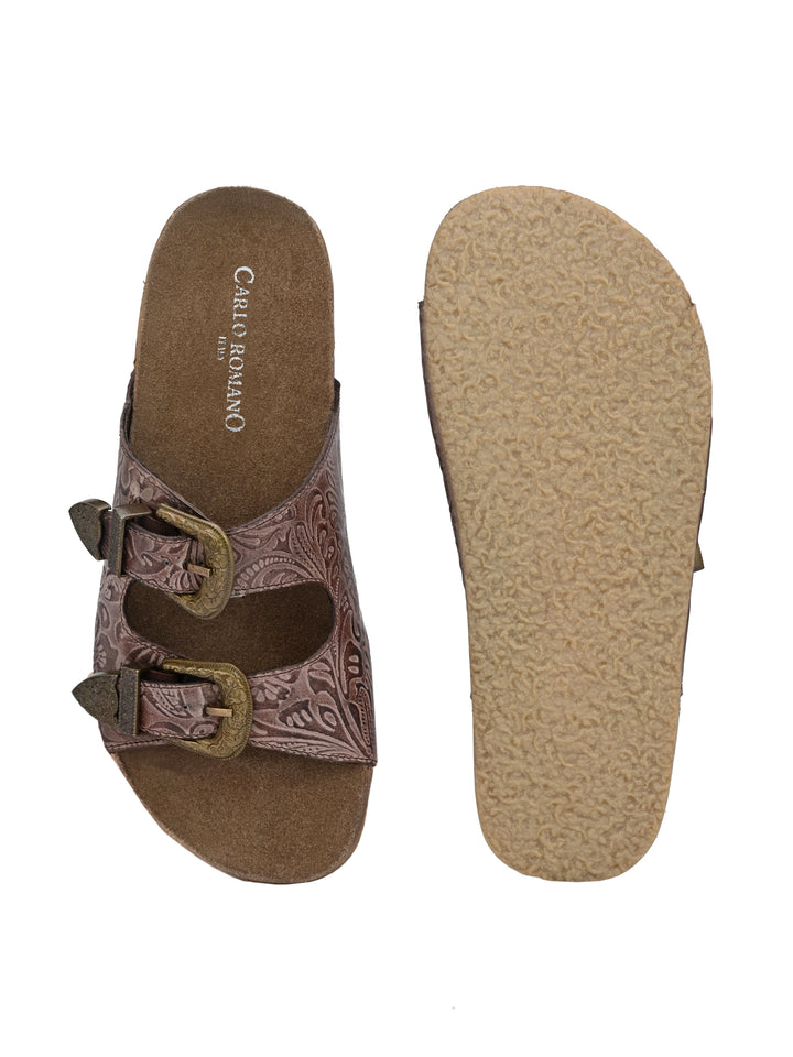 Women's Genuine Flower Print Leather Hand Crafted Tooled Flat Cork Footbed Slipper