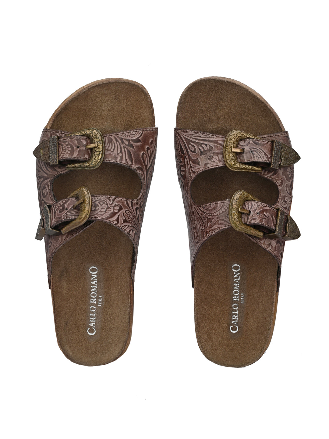 Women's Genuine Flower Print Leather Hand Crafted Tooled Flat Cork Footbed Slipper