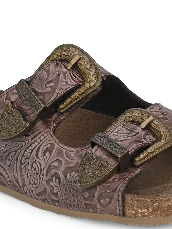 Women's Genuine Flower Print Leather Hand Crafted Tooled Flat Cork Footbed Slipper