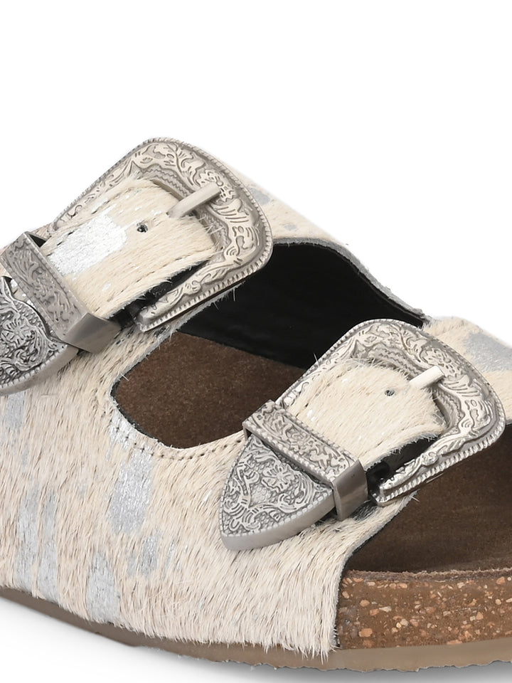 Women's Genuine Hair On Leather Flat Cork Footbed Slipper