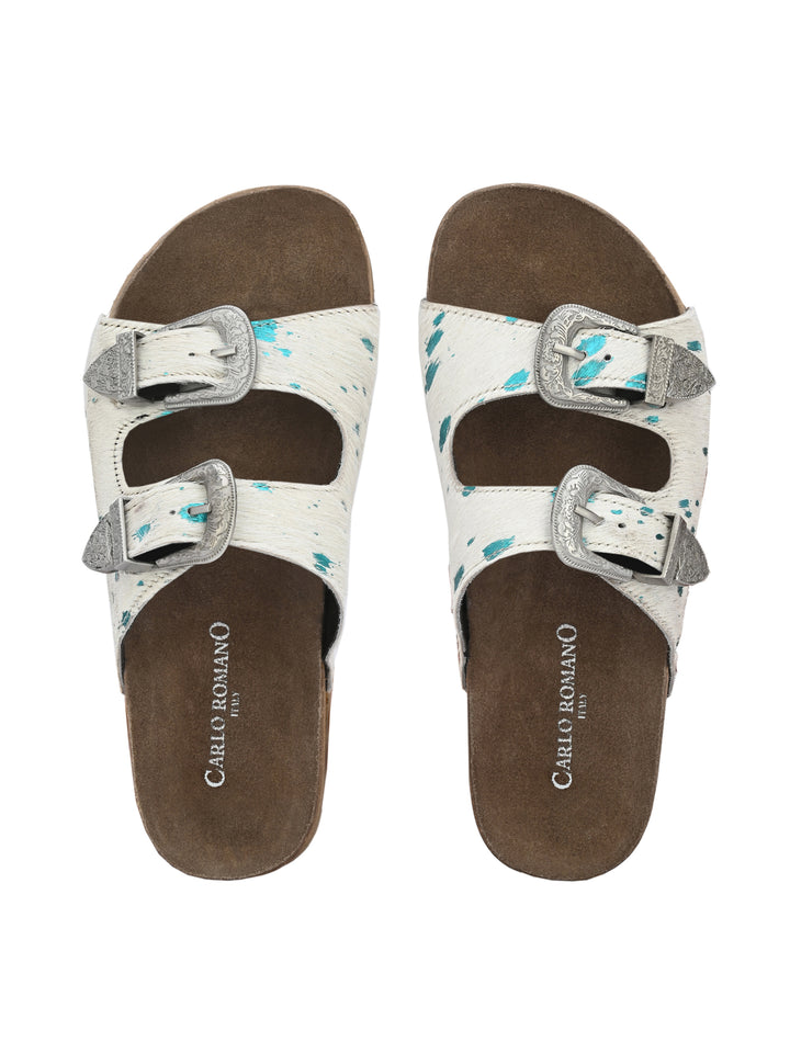 Women's Genuine Hair On Leather Flat Cork Footbed Slipper