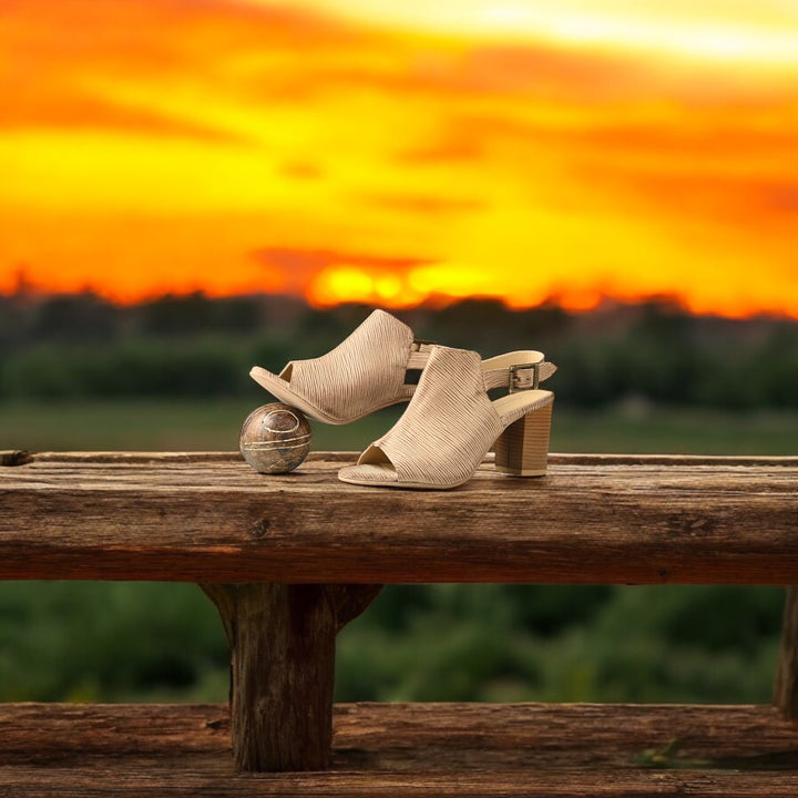 CARLO ROMANO BEIGE COLOR ITALIAN LV PRINTED SUEDE LEATHER HEEL SANDAL FOR WOMEN