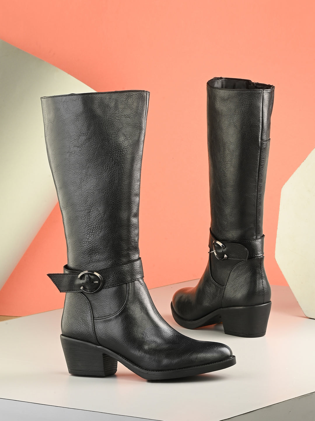 CARLO ROMANO BY WASAN BLACK COLOR  VEGAN LEATHER LONG BOOT FOR WOMEN