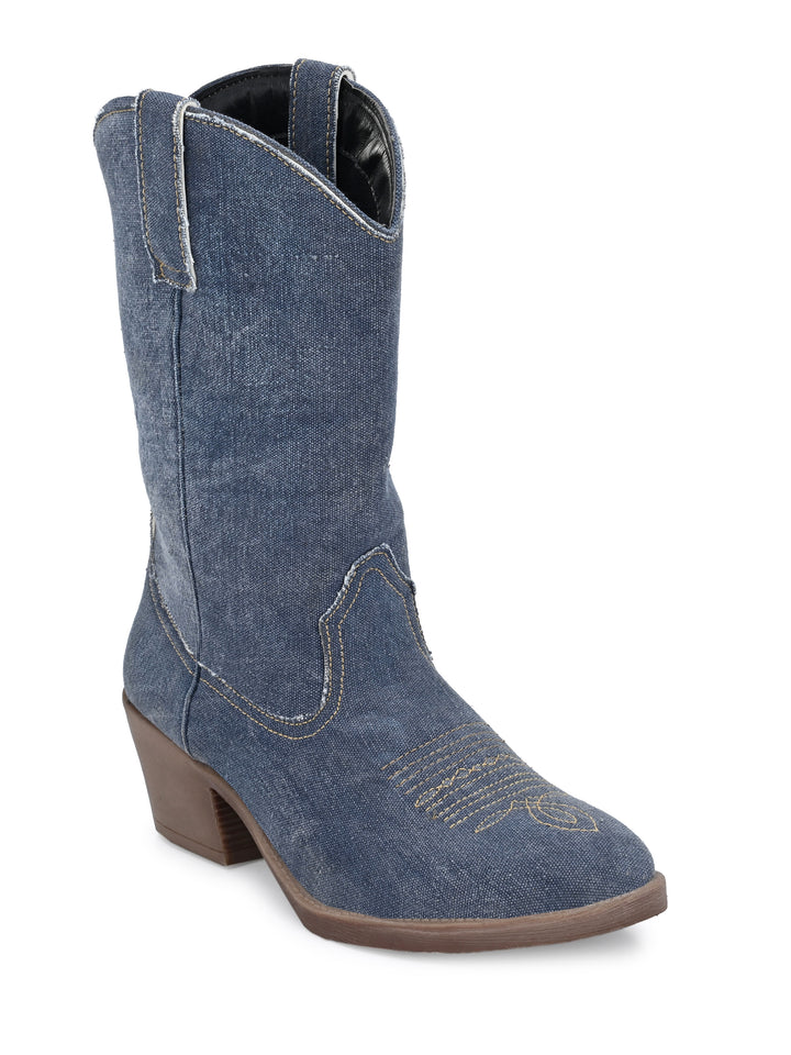 Women's  Solid Blue Embroidery Cow Boot