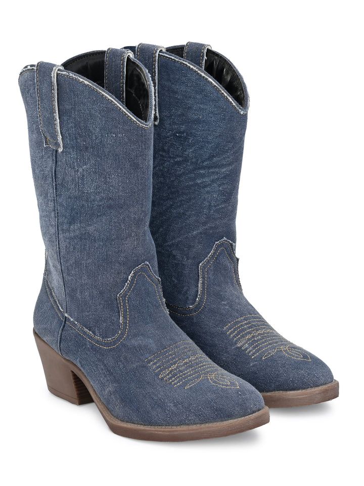 Women's  Solid Blue Embroidery Cow Boot