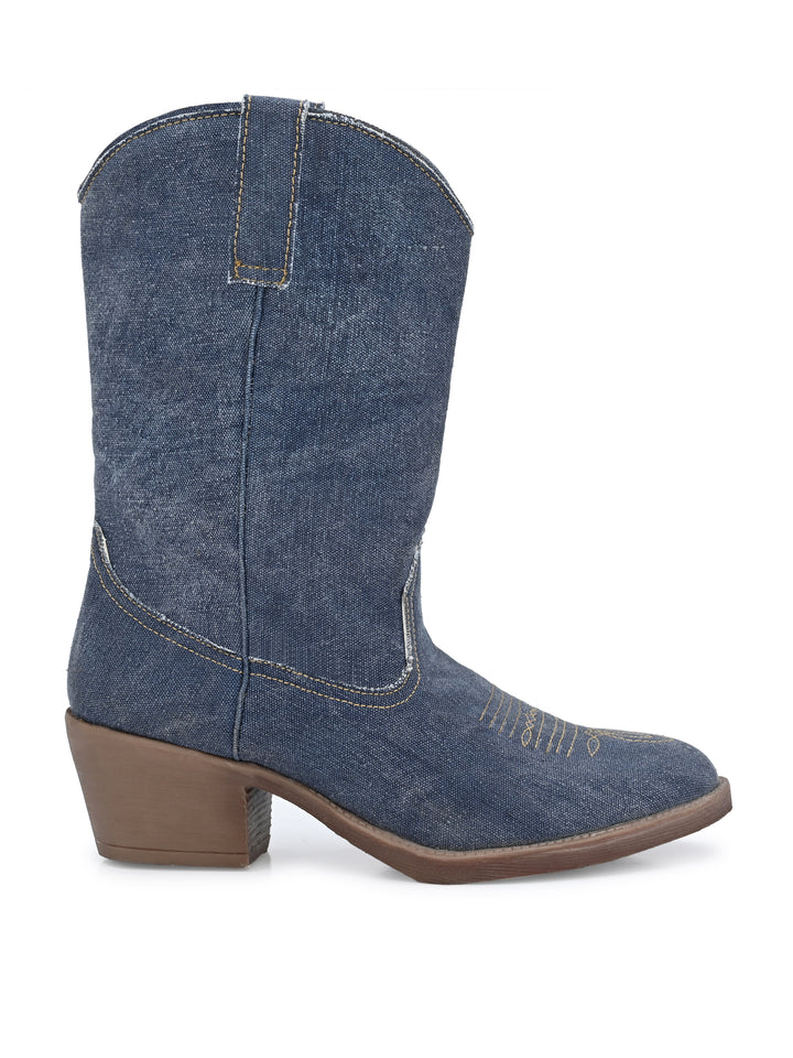 Women's  Solid Blue Embroidery Cow Boot