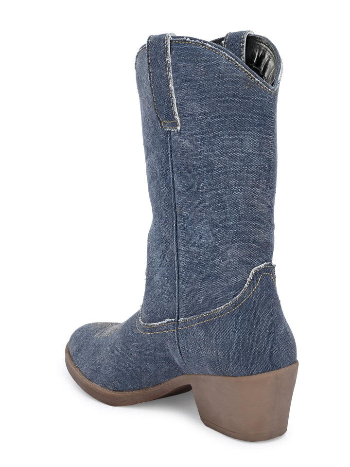 Women's  Solid Blue Embroidery Cow Boot