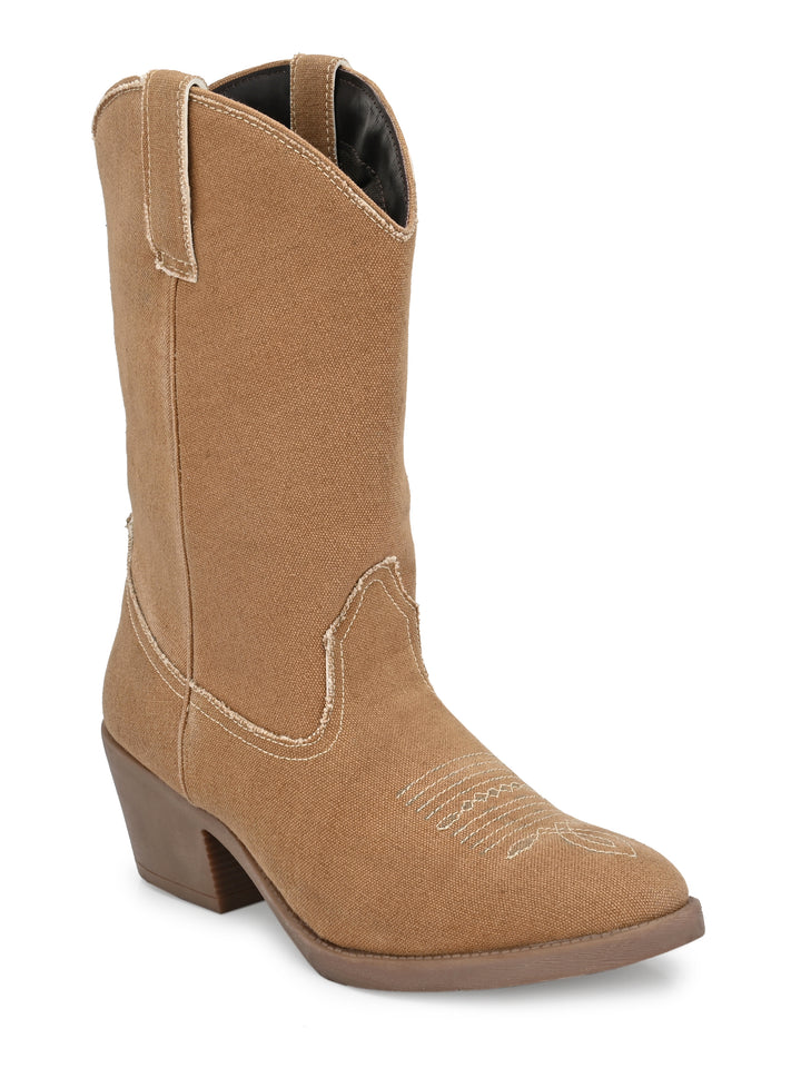 Women's  Solid Tan Embroidery Cotton Boot