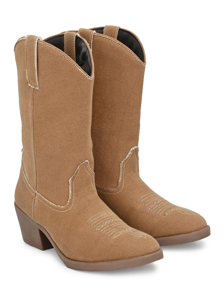 Women's  Solid Tan Embroidery Cotton Boot