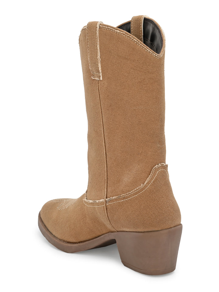 Women's  Solid Tan Embroidery Cotton Boot