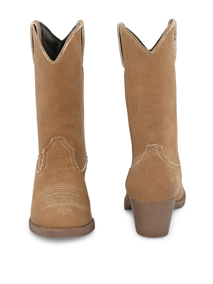Women's  Solid Tan Embroidery Cotton Boot