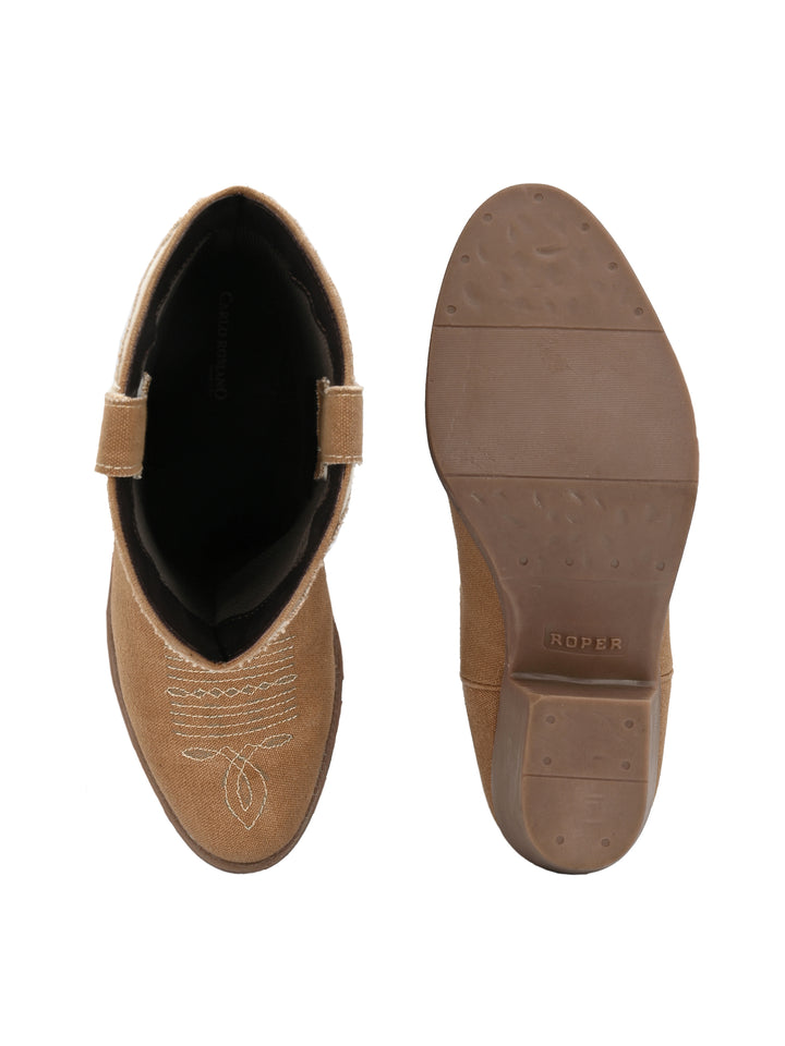 Women's  Solid Tan Embroidery Cotton Boot